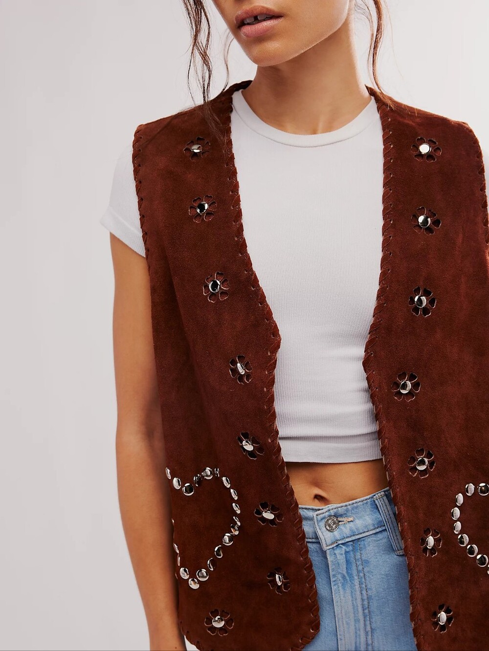 Free People Rust Brown Suede Studded Vest
